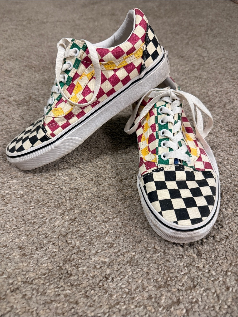 Vans Checkerboard Low-Top Sneakers in Black, White, Burgundy, Yellow, Green